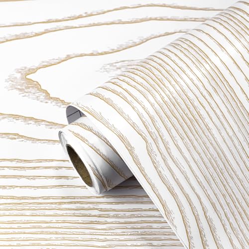 Thick Gold and White Wood Contact Paper Peel and Stick Wallpaper, Wood Grain Wallpaper for Countertops Cabinets, Waterproof Self Adhesive Removable Textured Vinyl Roll 15.7"x78"