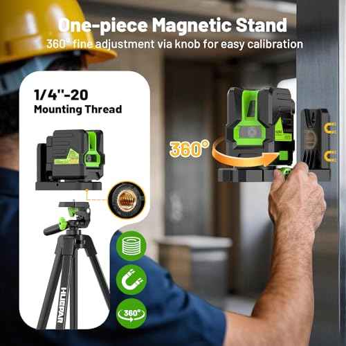 Huepar Laser Level with 60in Tripod, 1/13 High Accuracy Self Leveling Green Cross Line Lazer Leveler for Picture Hanging, Tile, Home Renovation, with Pluse Mode for Outdoor, Carry Case, Glasses