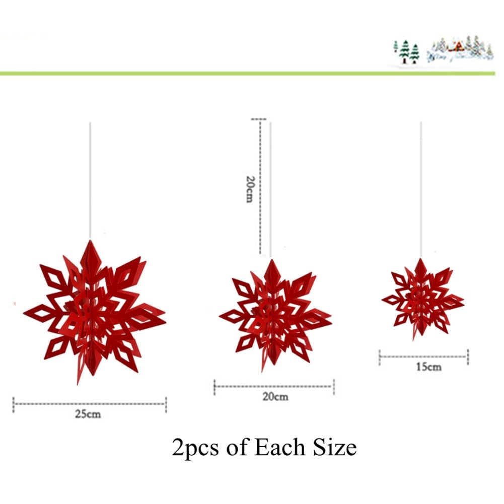 Christmas Hanging Snowflake Decorations 3D Hollow-Carved Glittery Ornaments Set of 6pcs with Different Sizes for Christmas Winter Wonderland New Year Party Home Decor (Red)
