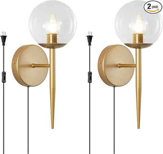 BOKT 1 Light Brushed Gold Wall Sconce Light Set of Two Plug in Cord Mid Century Modern Globe Wall Sconce Set of 2 Plug in Clear Bubble Glass Bathroom Vanity Wall Lamp Plug in (Clear)