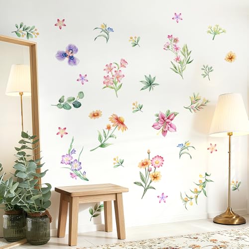 Tanlaby Retro Colorful Wildflower Wall Stickers, Garden Floral Wall Decals Retro Flower Decal Peel and Stick Wall Decals Walll Art Decor for Bedroom Office Sofa TV Backdrop
