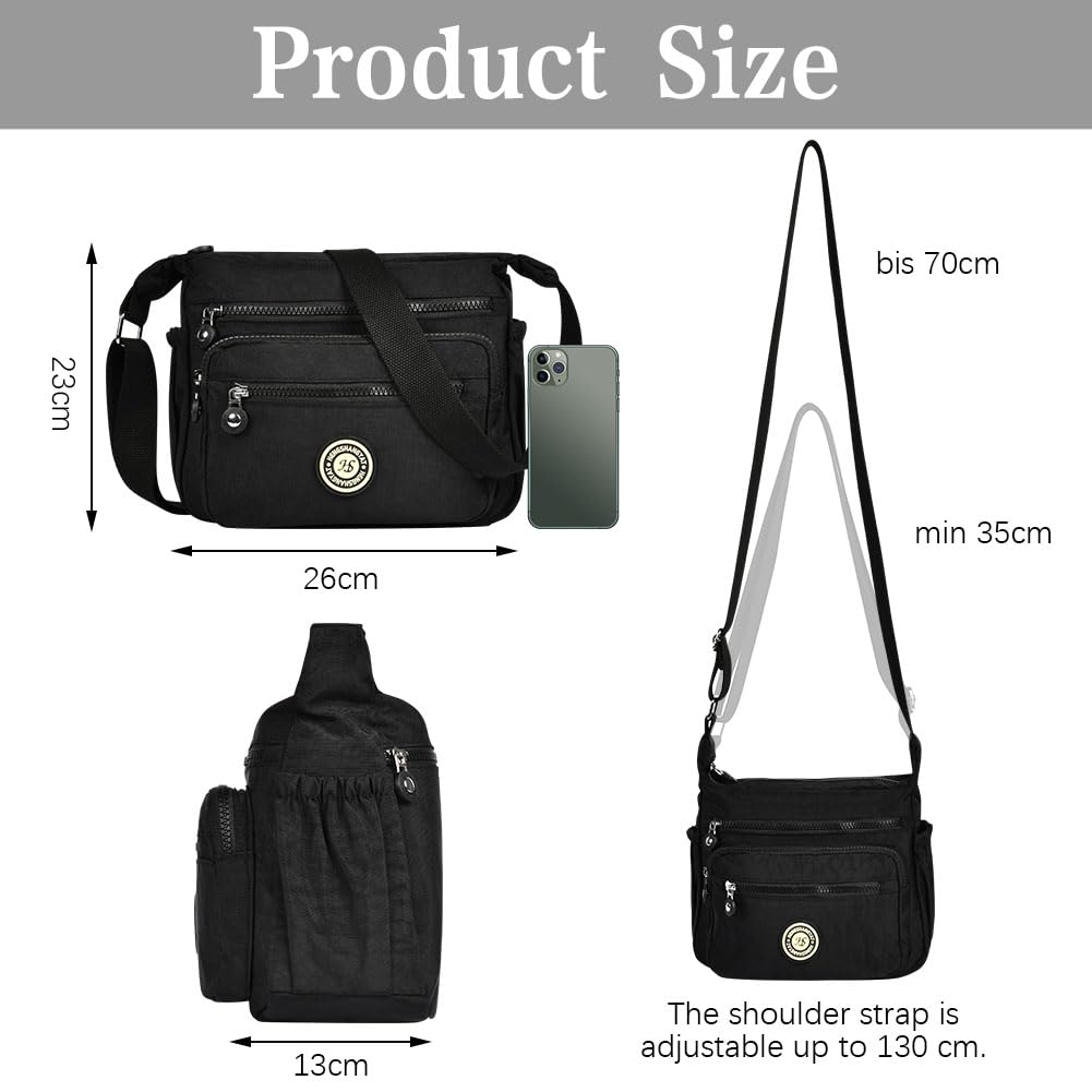 Aucuu Women's Multi-Pocket Casual Crossbody Bag, Multifunctional Travel Bag with Adjustable Shoulder Strap, Nylon Lightweight and Waterproof, for Shopping, Hiking, Everyday Use