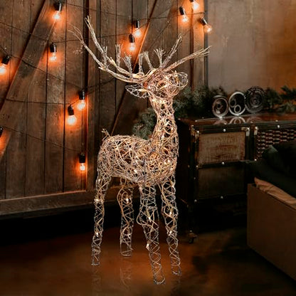 Alpine Corporation 35" Tall Outdoor Lighted Rattan Reindeer Christmas Yard Decoration with 60 Warm White LED Lights for Lawn Display, Brown