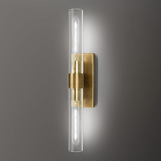 Brass and Glass Wall Sconces, 22.8" Vanity Lights for Bathroom 2 Lights, Horizontal or Vertical Linear Gold Wall Lamp, Indoor Sconces Wall Lighting, Tube Sconce for Living Room, Hallway