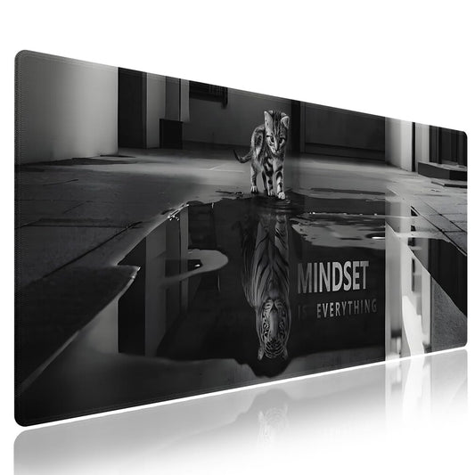 Extended XXL Gaming Mouse Pad with Stitched Edges for Home & Office - Mindset is Everything Inspirational Quote & Cute Cat Funny Tiger Reflection, Smooth Fabric Surface Anti-Slip Base Large Desk Mat