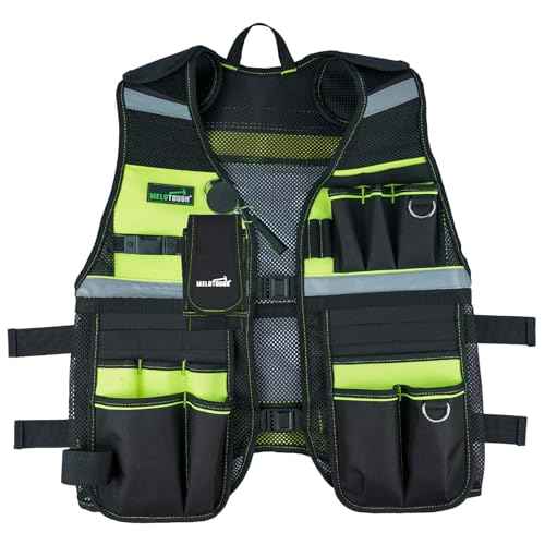 MELOTOUGH Tool Vest Reflective Safety Tool Vest with Removable Phone Holder,Retractable Pen Holder for Electrician,Carpenters,Construction(Lime)