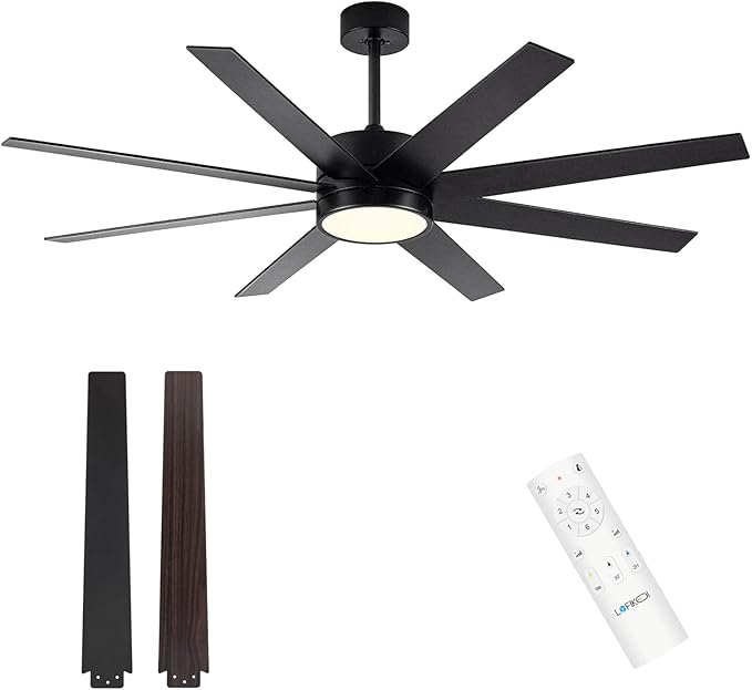Ceiling Fan with Light, 60 inch Modern Ceiling Fan with Remote Control, Reversible DC Motor, Stepless Dimmable, Noiseless for Indoor Use, Black & Brown