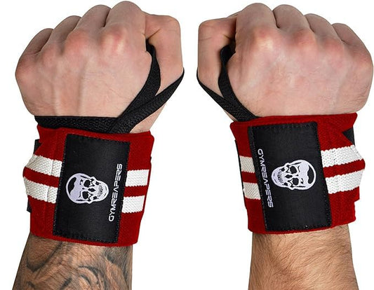 Gymreapers Weightlifting Wrist Wraps (Competition Grade) 18" Professional Quality Wrist Support with Heavy Duty Thumb Loop - Best Wrap for Powerlifting, Strength Training, Bodybuilding(Red/White,18")