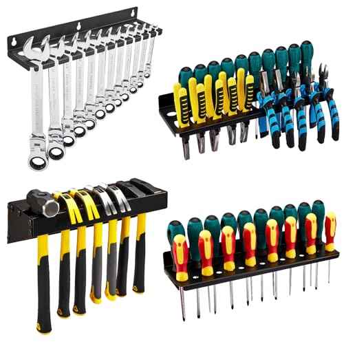 4Pcs Wall Mount Tool Organizer Set,Include Screwdriver Organizer,9mm-24mm Wrench Holder,Pliers Holder,Hammer Rack,Galvanized Steel Hand Tool Storage for Workshop,Shed,Garage,Home