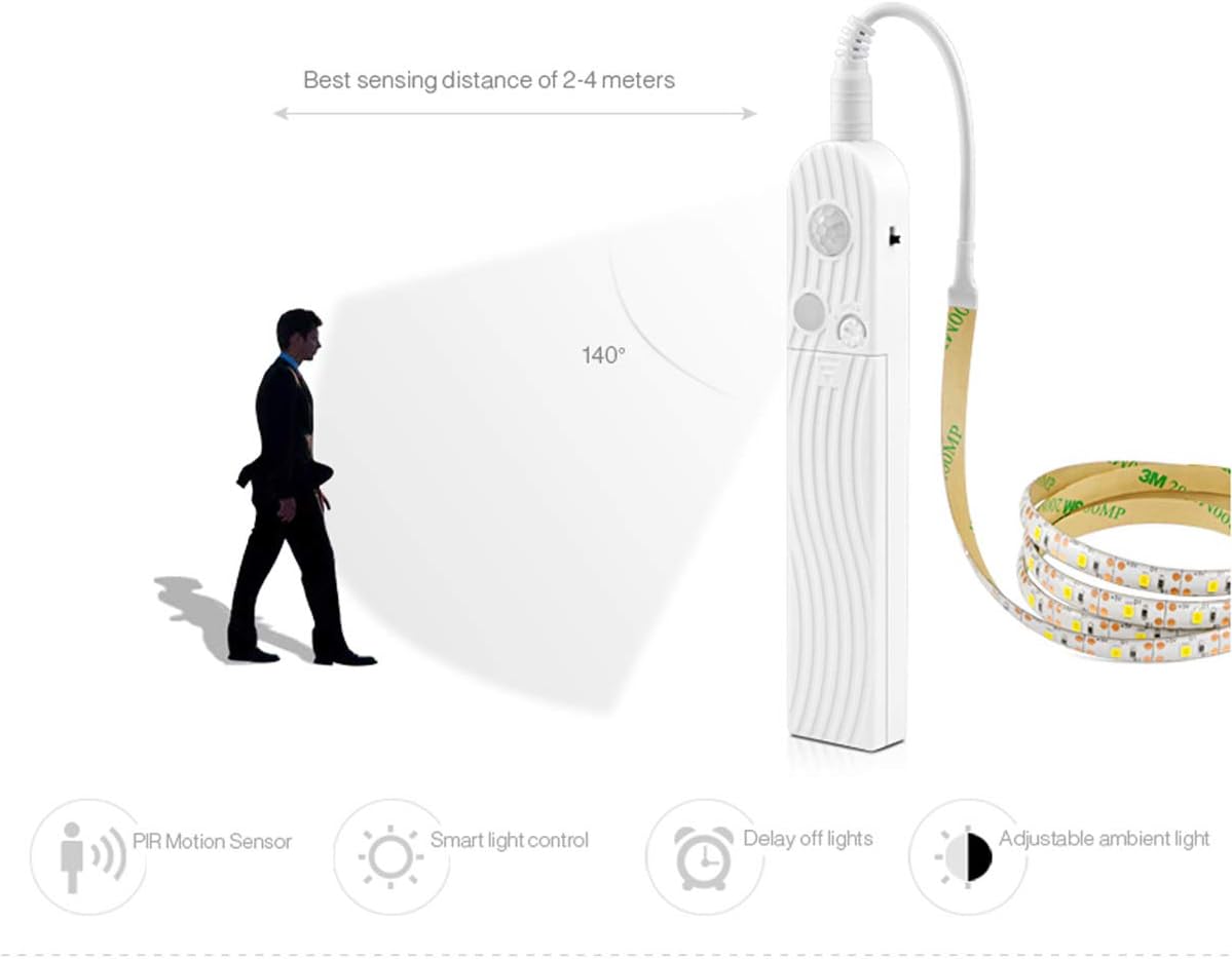 FOLGEMIR 1 m LED Strip with Motion Sensor, Battery Operated Night Light with PIR Sensor, Waterproof Cabinet Lighting, Self-Adhesive Fairy Lights (3000 K Warm White, 1 m)