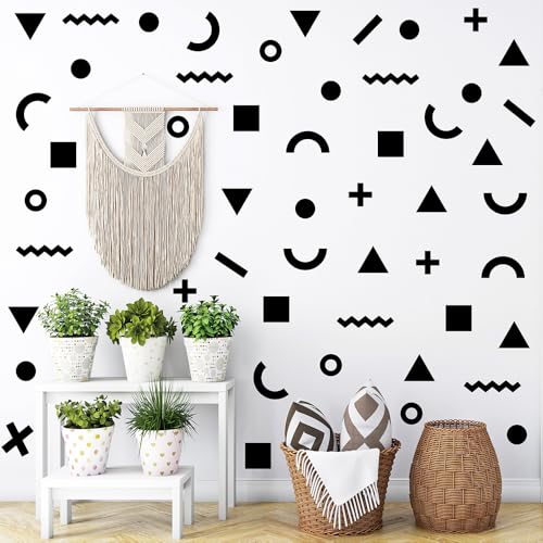 260 Pcs Self-Adhesive Abstract Geometric Shape (Triangle, Circle, Square) Wall Stickers - 10 Sheets Removable Vinyl Wall Decasl for Home, Office, Kids Room, Nursery, Playroom Decor (Black)
