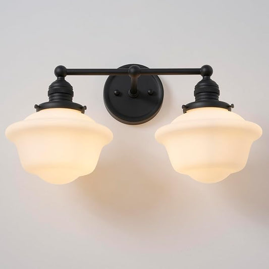 Vintage 2-Lights Wall Sconce Lights Black Bathroom Vanity Light with Milk Glass Double Sconce Wall Mounted Lamp for Bedroom Living Room Bathroom Mirror Kitchen Hallway Hardwire