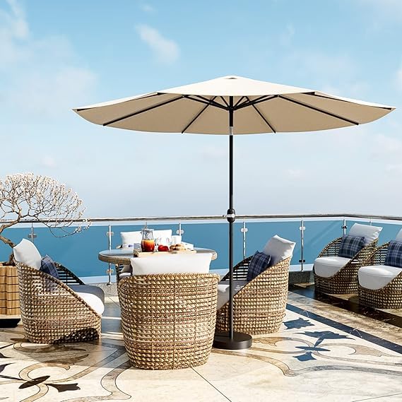 Greesum 9FT Patio Umbrella with Push Button Tilt and Crank, Outdoor Table Umbrella with 8 Sturdy Ribs, Market Table Parasol for Garden, Lawn, Backyard & Pool, Without Base, Beige