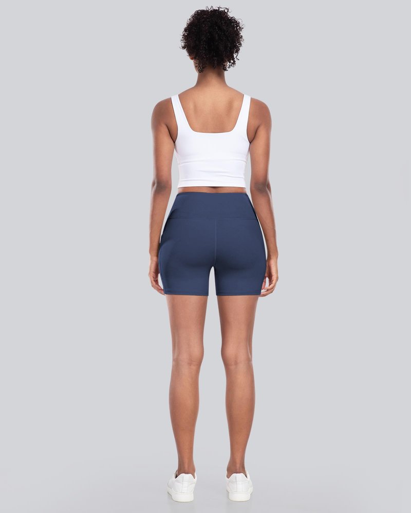 CHRLEISURE Womens Biker Yoga Shorts with Pockets: High Waisted Tummy Control Spandex Workout Athletic Gym Shorts 4 Packs(5'' Black,Gray,Navy,Wine, L)