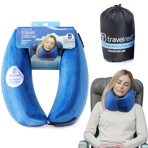 TRAVELREST Nest Neck Pillow Travel Essentials - Memory Foam Pillow and Patented Design, Support for Long Flights, Travel Accessories, Comfortable and Compact, Washable, Attaches to Luggage - Gray
