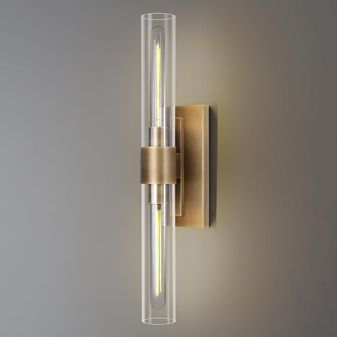 Brass Vanity Light Hardwired, 2-Light Bathroom Wall Sconce Over Mirror, 22.8" Gold Vanity Lights for Bathroom, Dimmable Wall Sconce with Glass Tube, Linear Wall Sconces for vertical and horizontal