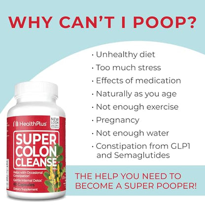 Health Plus Super Colon Cleanse 60 Day Supply of Gentle Gut Cleanse Detox, Psyllium Husk, Probiotics for Constipation Relief & Digestive Support, 240 Capsules