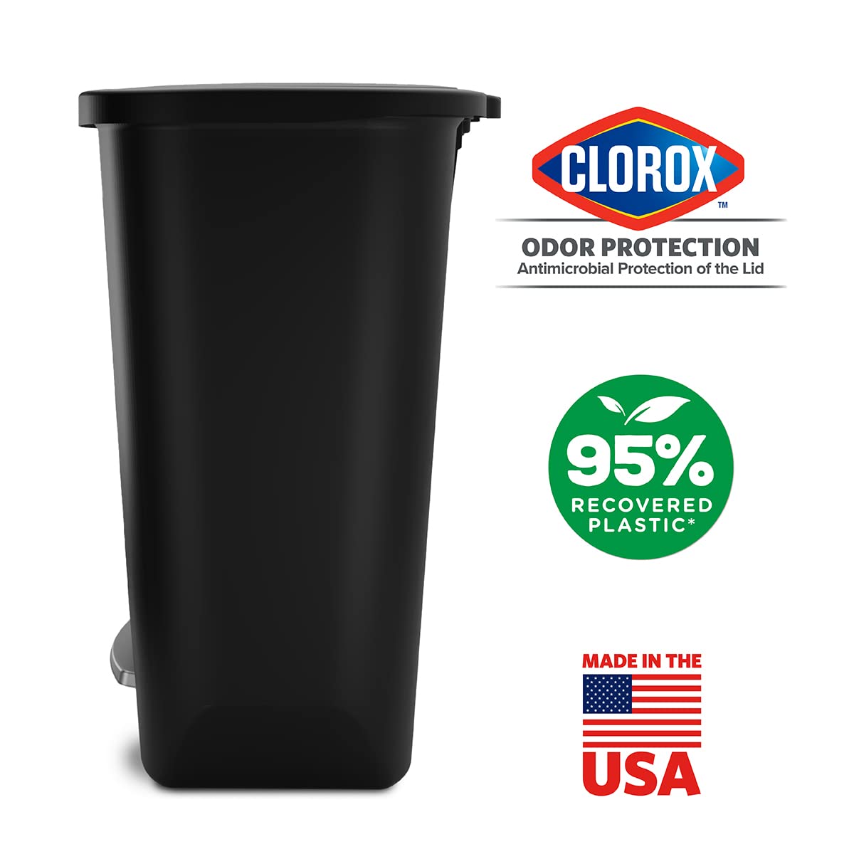 Glad Premium 20 Gallon Trash Can - Plastic Kitchen Waste Bin with Odor Protection of Lid, Stainless Steel Step On Foot Pedal and Garbage Bag Rings, Black