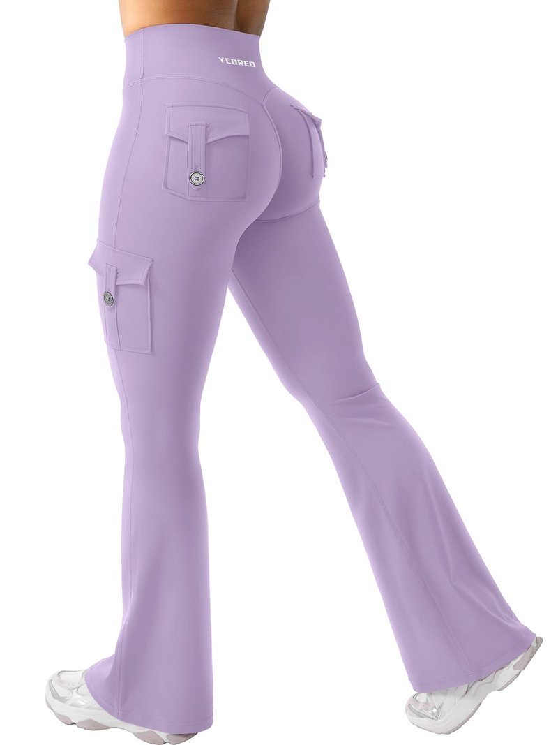 YEOREO CoreFlex Women Workout Flare Leggings with Pockets Hidden Scrunch High Waisted Cargo Gym Yoga Leggings Fog Purple XL