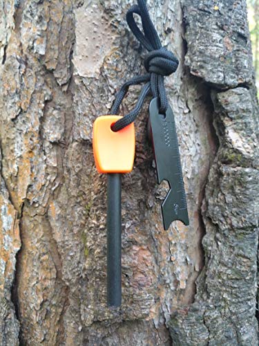 FOSTAR Ferrocerium Alloy Rod Fire Starter, 5/16 Inch Thick Waterproof Fire Steel, Bushcraft Ferro Rod with Easy Grip Handle, Multi-Tool Striker and Paracord Lanyard (2PCS, Black and Orange)