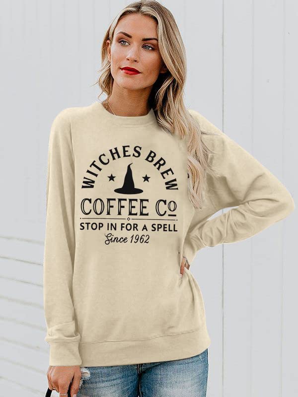 Halloween Sweatshirts for Women Witches Brew Sweatshirt Funny Spooky Season Sweatshirt Ghost Fall Sweater Pullover Tops Apricot