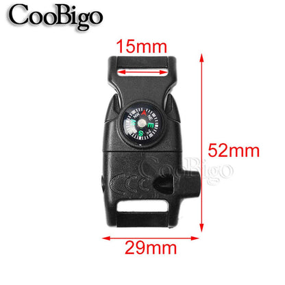 10pcs Pack Black 5/8" Compass Flint Scraper Fire Starter Whistle Buckle Plastic Paracord Bracelet Outdoor Camping Emergency Survival Travel Kits #FLC158-FWC(Black)
