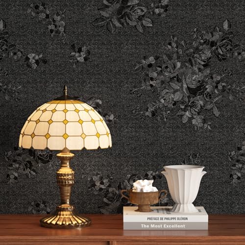 FunStick Vintage Black Floral Wallpaper Peel and Stick Textured Embossed Flower Wallpaper Waterproof Removable Floral Black Contact Paper Peel and Stick Wall Paper for Bathroom Walls Cabinets 16" x80