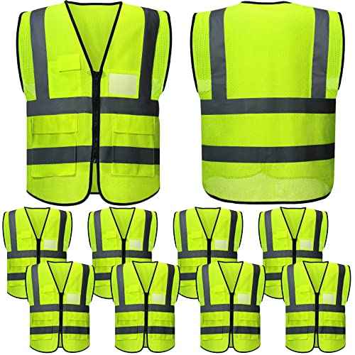 JenPen 10 Pieces Reflective Safety Vests with Pockets and Zipper, High Visibility Mesh Construction Vest for Men Women