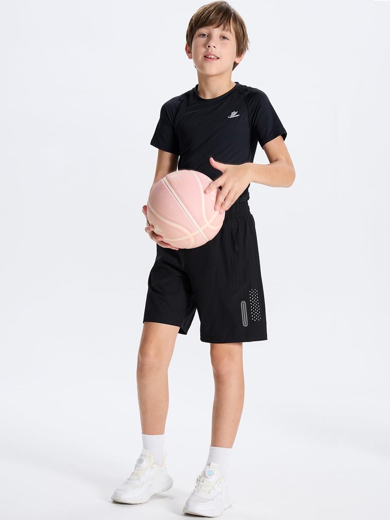 DEVOROPA Youth Boys Athletic Running Shorts Lightweight Quick Dry Sports Workout Gym Hiking Shorts Zip Pockets UPF 50+ Black XS