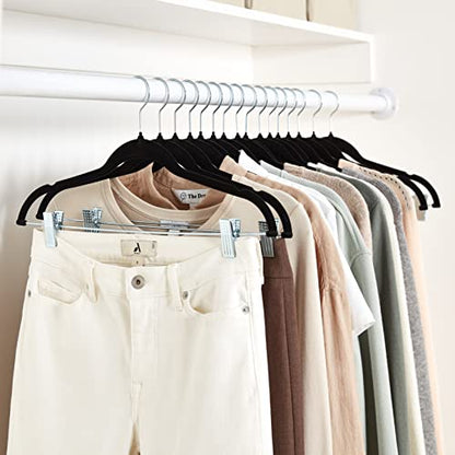Amazon Basics Velvet, Non-Slip Skirt Clothes Hangers with Clips, Organize Pants and Skirts, Black/Silver, Pack of 24
