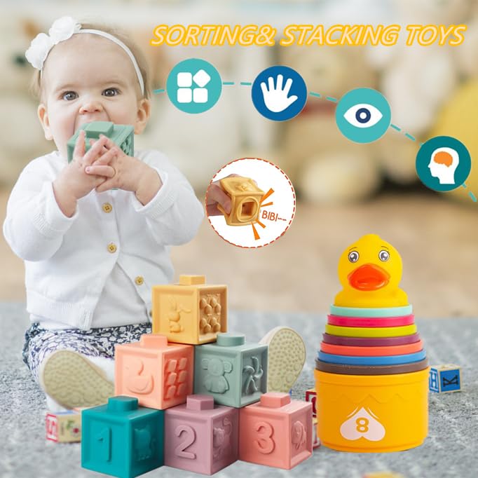 ELLECK Baby Toys 6 to 12 Months, Montessori Toys for 1 Year Old, Silicone Pull String Teething Toy, Stacking Building Blocks Infant Toddler Toy 0-3, Color Shape Bin Sensory, Baby Boys&Girls Gifts
