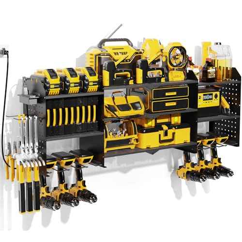 Power Tool Organizer Wall Mount with Charging Station, Expanded Width Power Tool Storage Rack, Large Tool Battery Organizer with Screwdriver/Hammer Heavy Duty Garage Storage