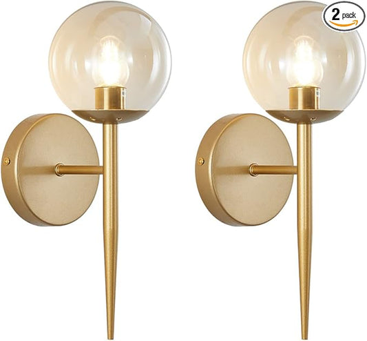 BOKT Vintage Brushed Gold Bathroom Wall Sconce Set of Two Mid Century Modern Globe Vanity Wall Sconce Lighting Set of 2 Bedroom Bar Wall Lamp Amber Glass Wall Lights (Amber)