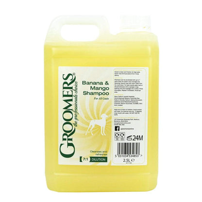 Groomers Banana and Mango Dog Shampoo, 2.5 Litre - Suitable For Any Coat Type & Frequent Use - For Groomers & Pet Owners - Made in the UK