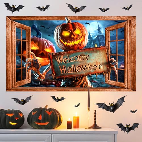 Halloween Decorations Stickers for Wall Spooky Pumpkin Bats Decals Scary Fake Window Wall Decal Peel and Stick Indoor Halloween Decor Monster Vinyl Art Mural for Living Room Haunted House Party Supply