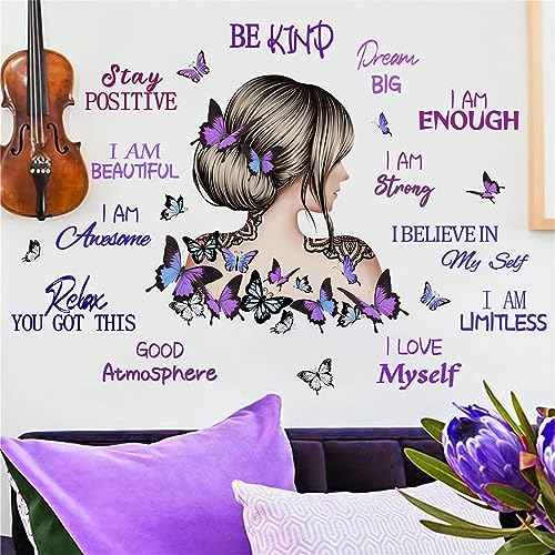 Purple Butterfly Girl and Inspirational Slogans Wall Stickers, sacinora Motivational Wall Decals Removable Vinyl for Living Room Children's Room Bedroom Bathroom Sofa TV Background Decorations