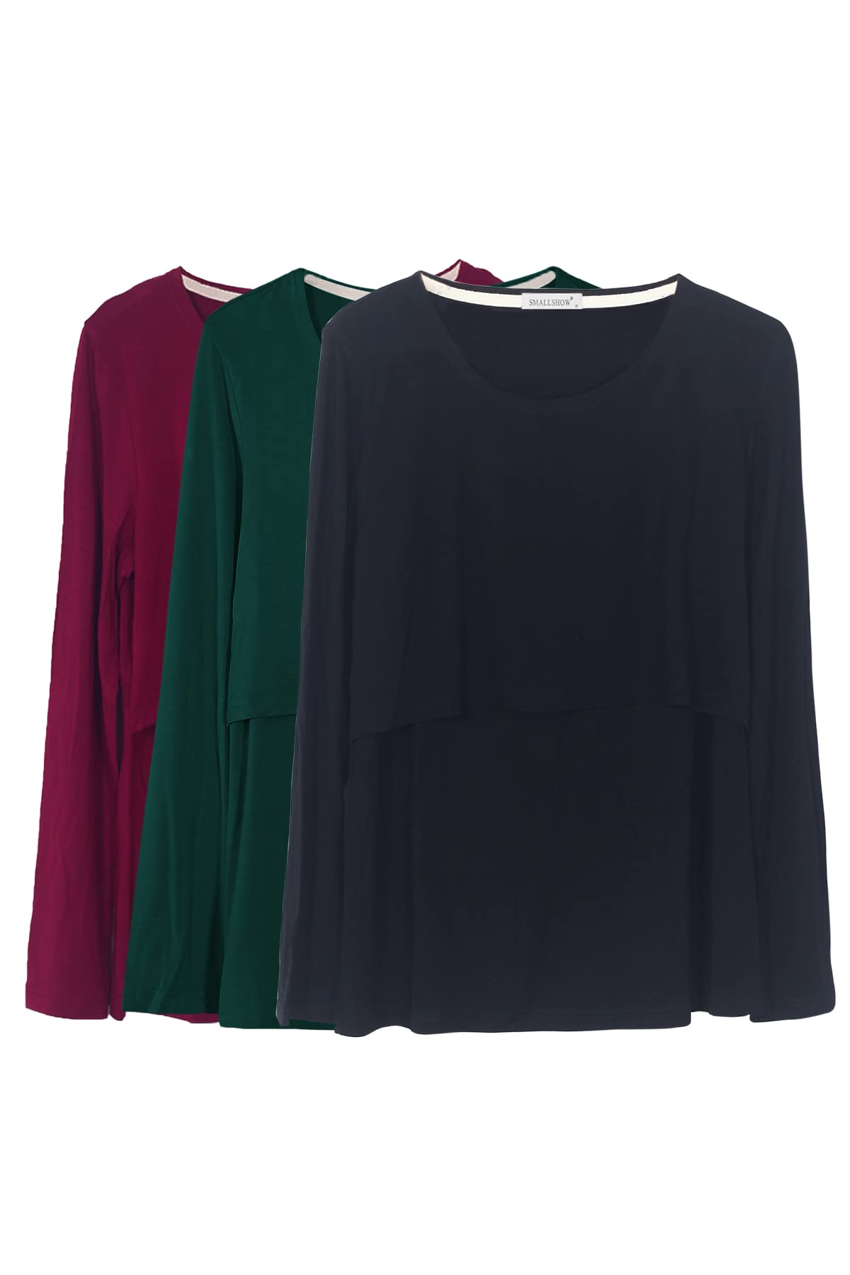 Smallshow Nursing Tops Women's Maternity Long Sleeve Breastfeeding Shirts,Wine/Deep Green/Black,M