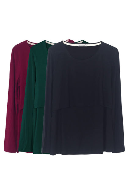 Smallshow Nursing Tops Women's Maternity Long Sleeve Breastfeeding Shirts,Wine/Deep Green/Black,M