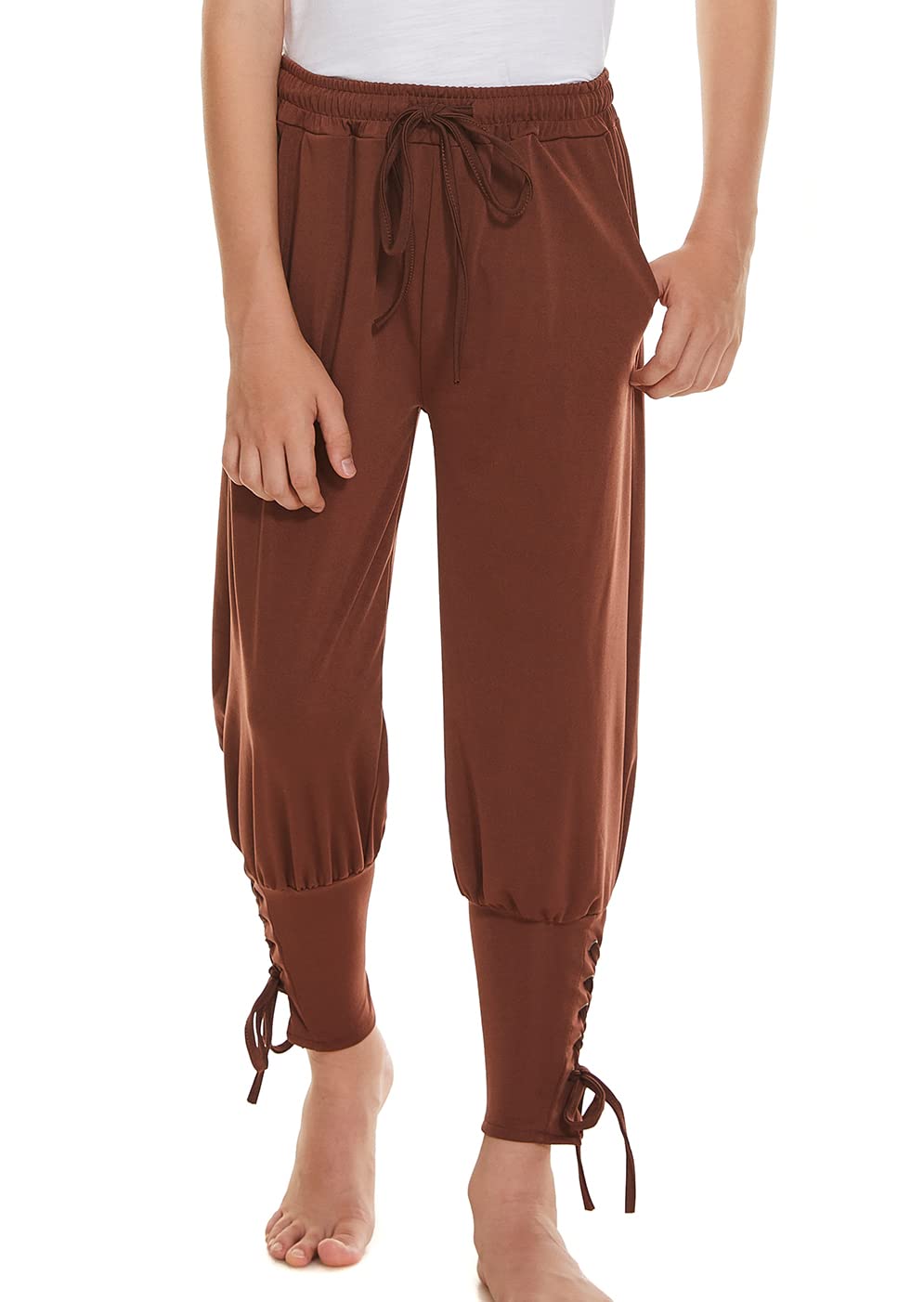 Medieval Ankle Banded Pirate Pants for Boys, Kids Renaissance Viking Pirate Costume, Halloween Cosplay Gothic Striped Pants Trousers (10-12 Years, Coffee)