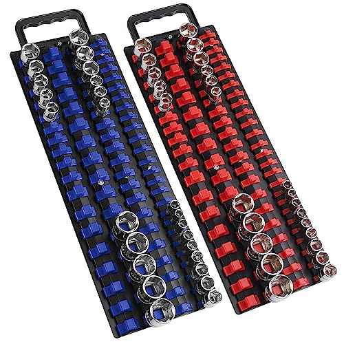 ALOANES 160-Piece Portable Socket Organizer Steel Tray, Heavy Duty Socket Holders with Handle, Socket Rack, 1/4-Inch x52 Clips, 3/8-Inch x 60 Clips, 1/2-Inch x 48 Clips, 2Packs Set (Blue&Red)