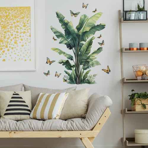 Tropical Leaf Wall Decals Palm Leaves with Butterflies Peel and Stick Wall Stickers for Living Room Bedroom Dining Room Home Wall Decor