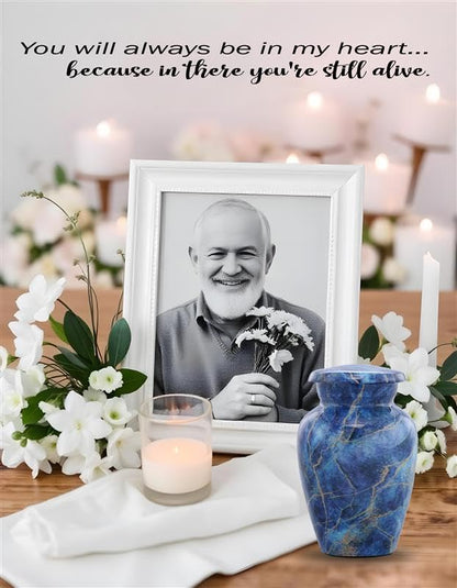 Marble Finish Metal Mini Keepsake Urn for Human or Pet Ashes - Token Sharing Memorial Urn with Velvet Bag (Exotic Blue)