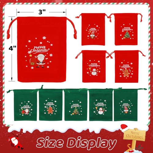 Tapleap Christmas Bags with Drawstring - 10Pcs 3x4 Red and Green Velvet Cloth for Wrapping Dice, Jewelry, Party Favors or Gifts for Friends, Children, Customers