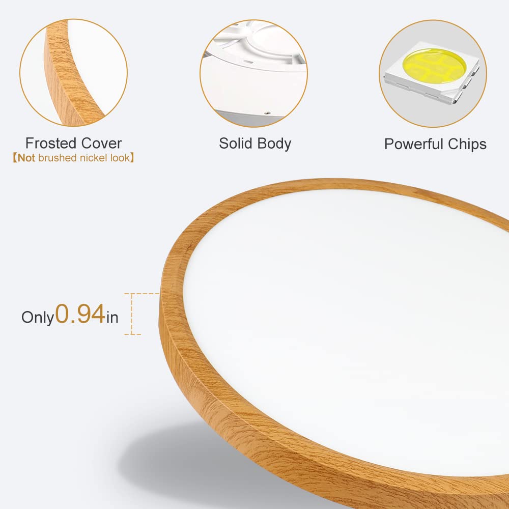 12in/30cm 24W LED Wood Grain Flush Mount Ceiling Light, 5000K Daylight White Bathroom Light, 3200LM, Round Ceiling Lighting, 240W Equivalent Ceiling Lamp for Closets, Kitchens, Hallway, Bedrooms, etc.