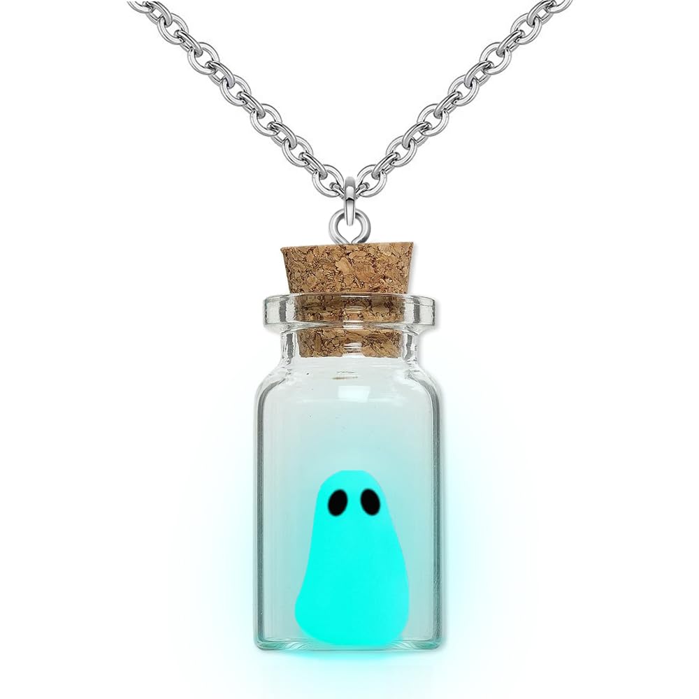 TKHLT Ghost Necklace, (Blue) The Adopt A Ghost in A Bottle Pendant Necklace Halloween Jewelry for Women and Men