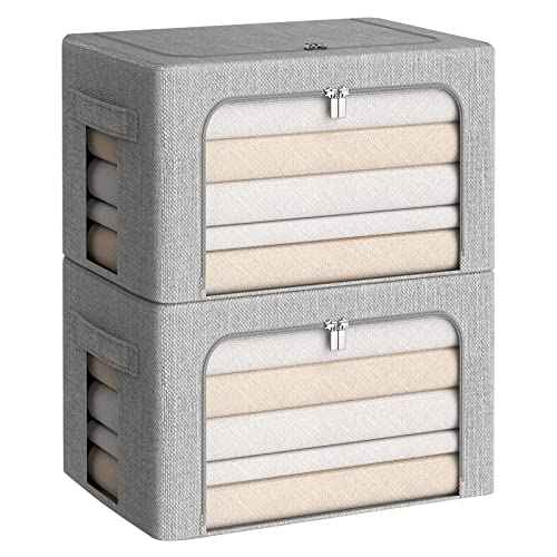 CYhom Clothes Storage Bins Box - Linen Fabric Foldable Stackable Container Organizer Set with Clear Window & Carry Handles & Metal Frame (Light Grey, Medium-36L)