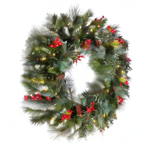 National Tree Company 24 in Pre-Lit Wintry Pine Flocked Artificial Christmas Wreath, Christmas Decoration with Pinecones, Red Berries, 50 Clear LED Lights, 113 Tips, Timer, Green