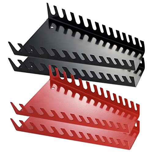 52 Slots Metal Wrench Organizer, Wrench Holder Tray Set, Wall-Mounted Tool Organizer Wrench Holder for Wrench Storage(2Red&2Black)