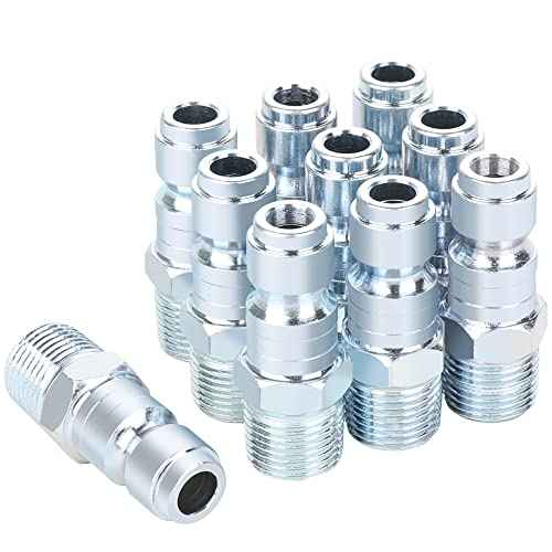 3/8 Air Compressor Hose Fittings, Automotive T-Type, 3/8 Inch NPT Male Threads Size, Steel Material, 10 Pieces Air Plug Set