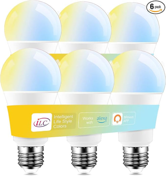 ILC Alexa Light Bulbs, 12W, Smart Light Bulb Compatible with Alexa Required Echo Device, 2700K-6000K Warm White to Daylight Turnable, A19 E26 No Hub Required (6 Packs)